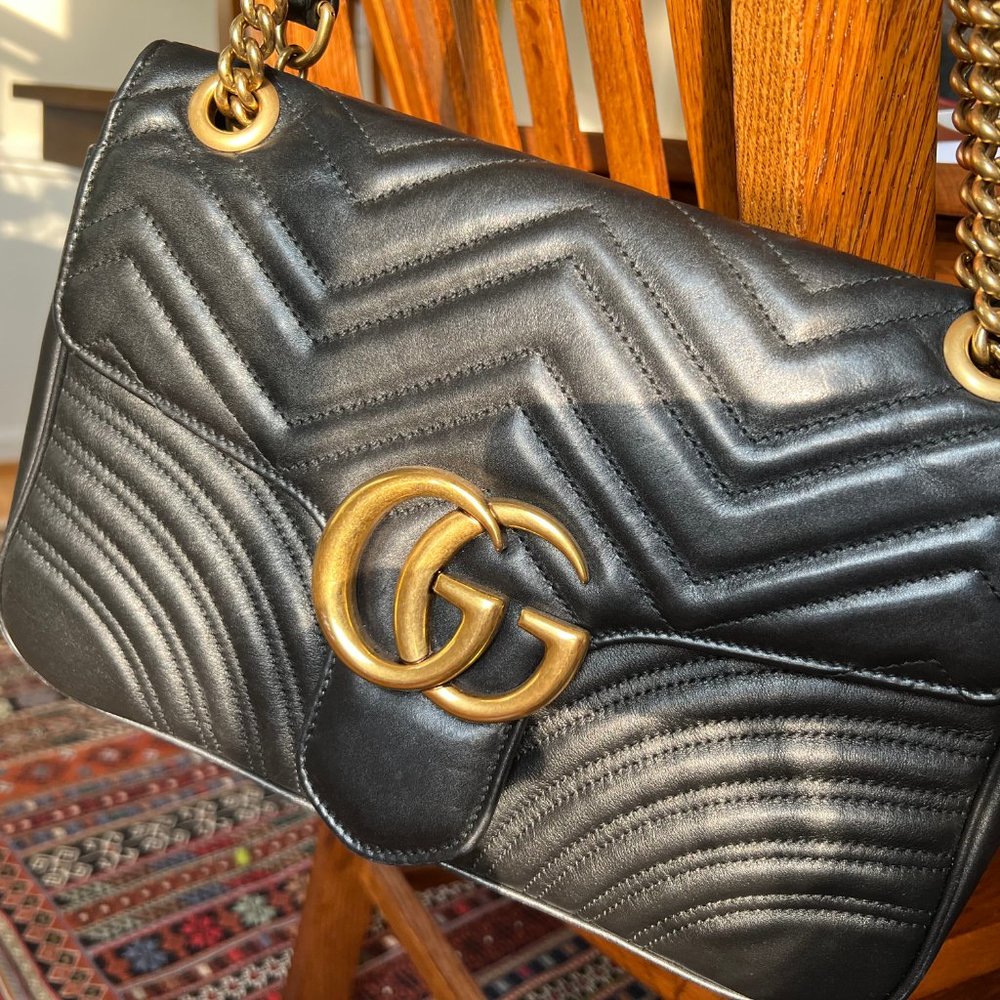 Gucci GG Marmont Medium Quilted Leather Shoulder Bag Black Gold Chain